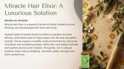 Advertisement for Miracle Hair Elixir with product and natural ingredients on a textured background