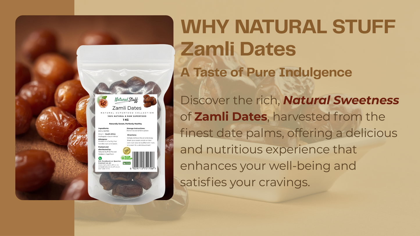 Zamli Dates packaging with text on a brown background