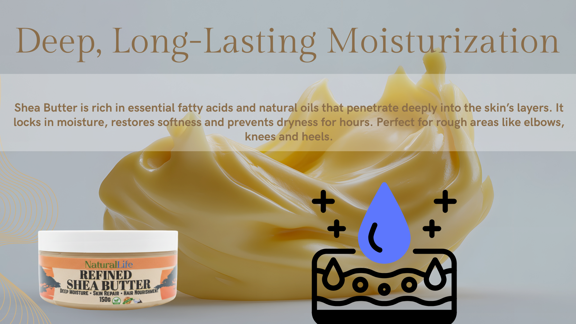 Shea butter with text about deep, long-lasting moisturization on a light background
