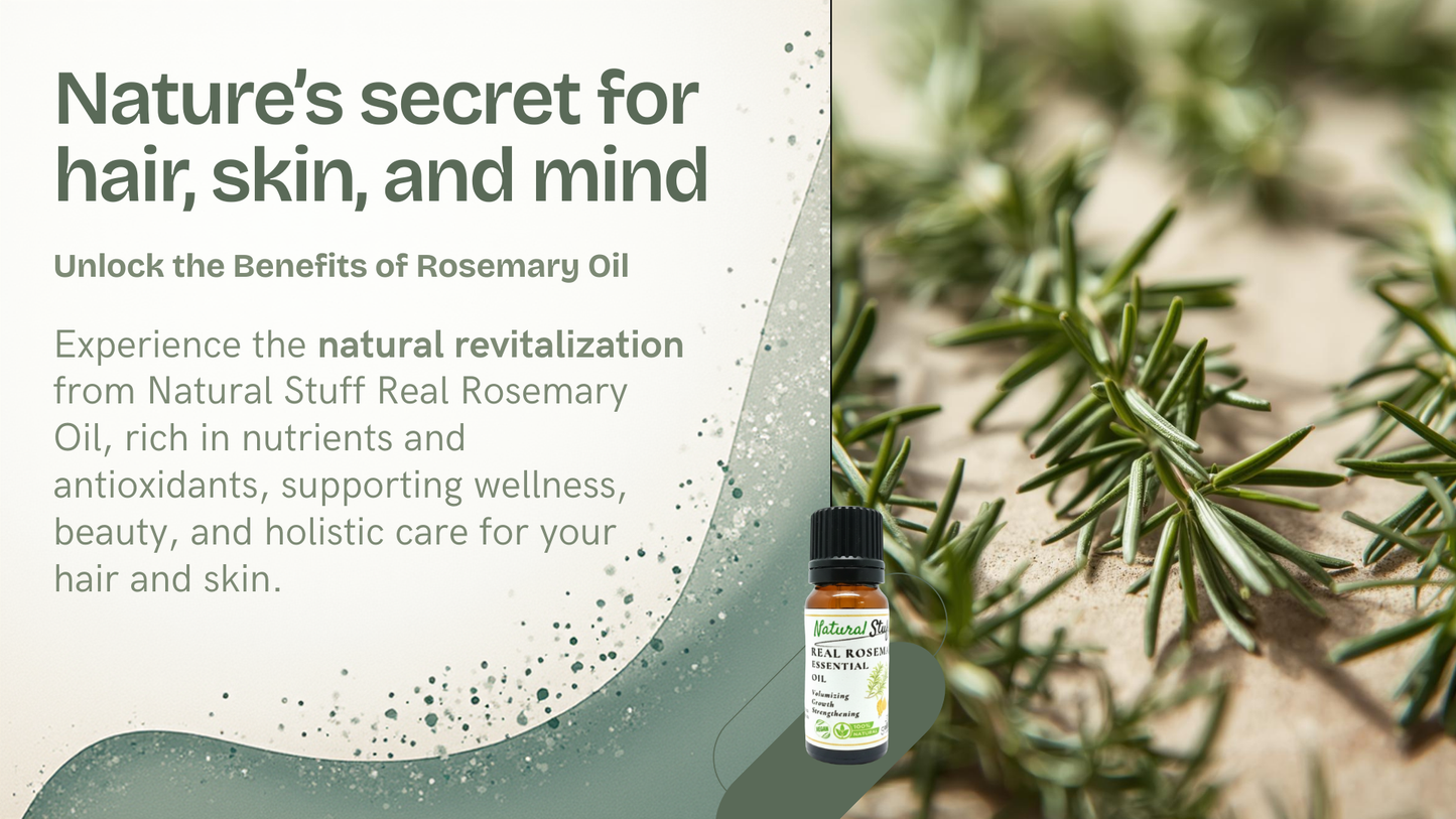 Rosemary oil bottle with text about its benefits for hair, skin, and mind on a natural background.