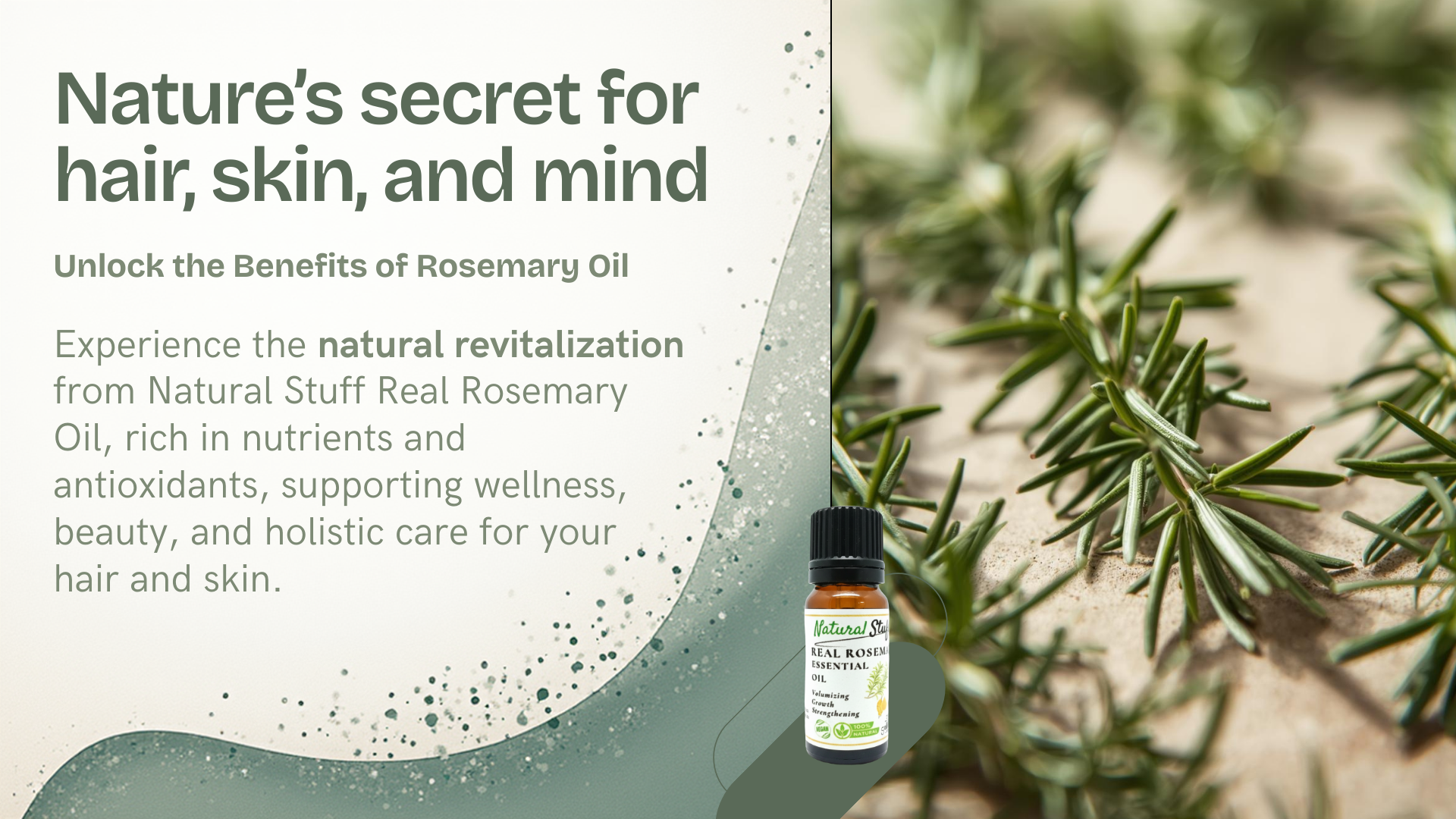 Rosemary oil bottle with text about its benefits for hair, skin, and mind on a natural background.