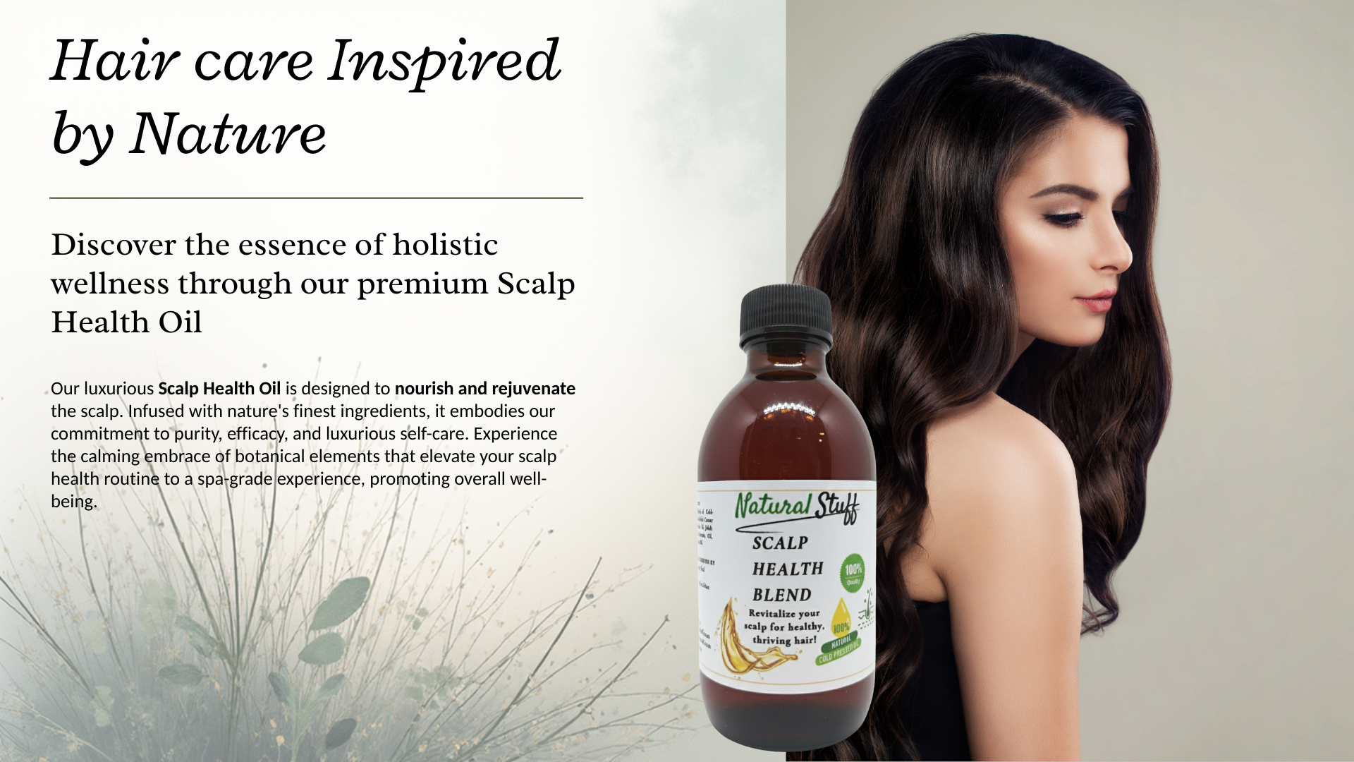 Bottle of scalp health oil with a woman with long hair on a white background