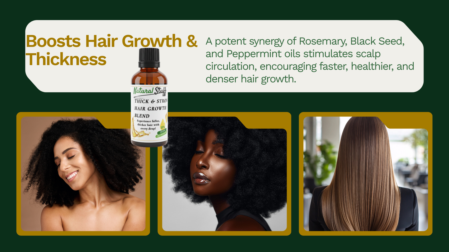 Hair growth product with images of people with different hair types and text about benefits.