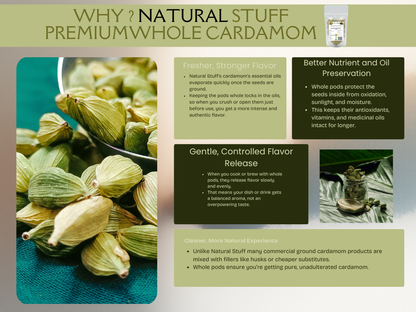 Natural Stuff Premium Whole Cardamom - Fresh, Fragrant, Bold Aroma