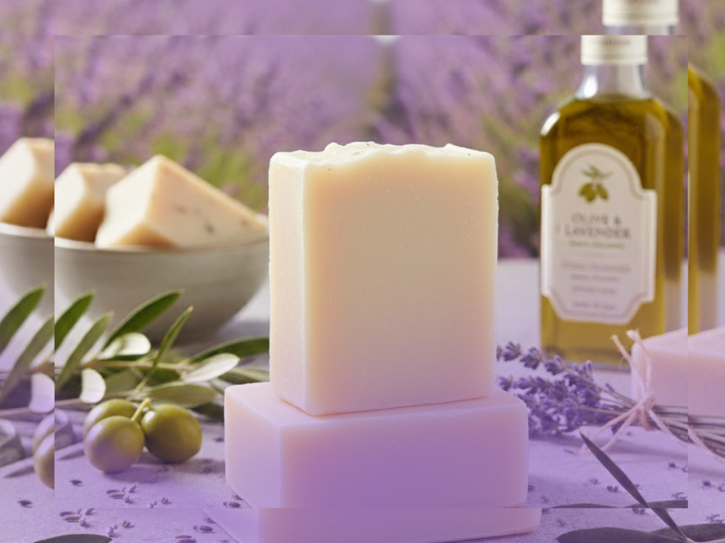 Bar of soap with olive oil bottle and lavender flowers in the background