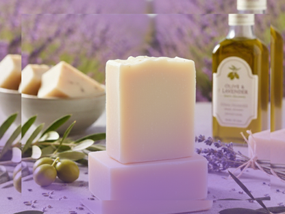 Bar of soap with olive oil bottle and lavender flowers in the background
