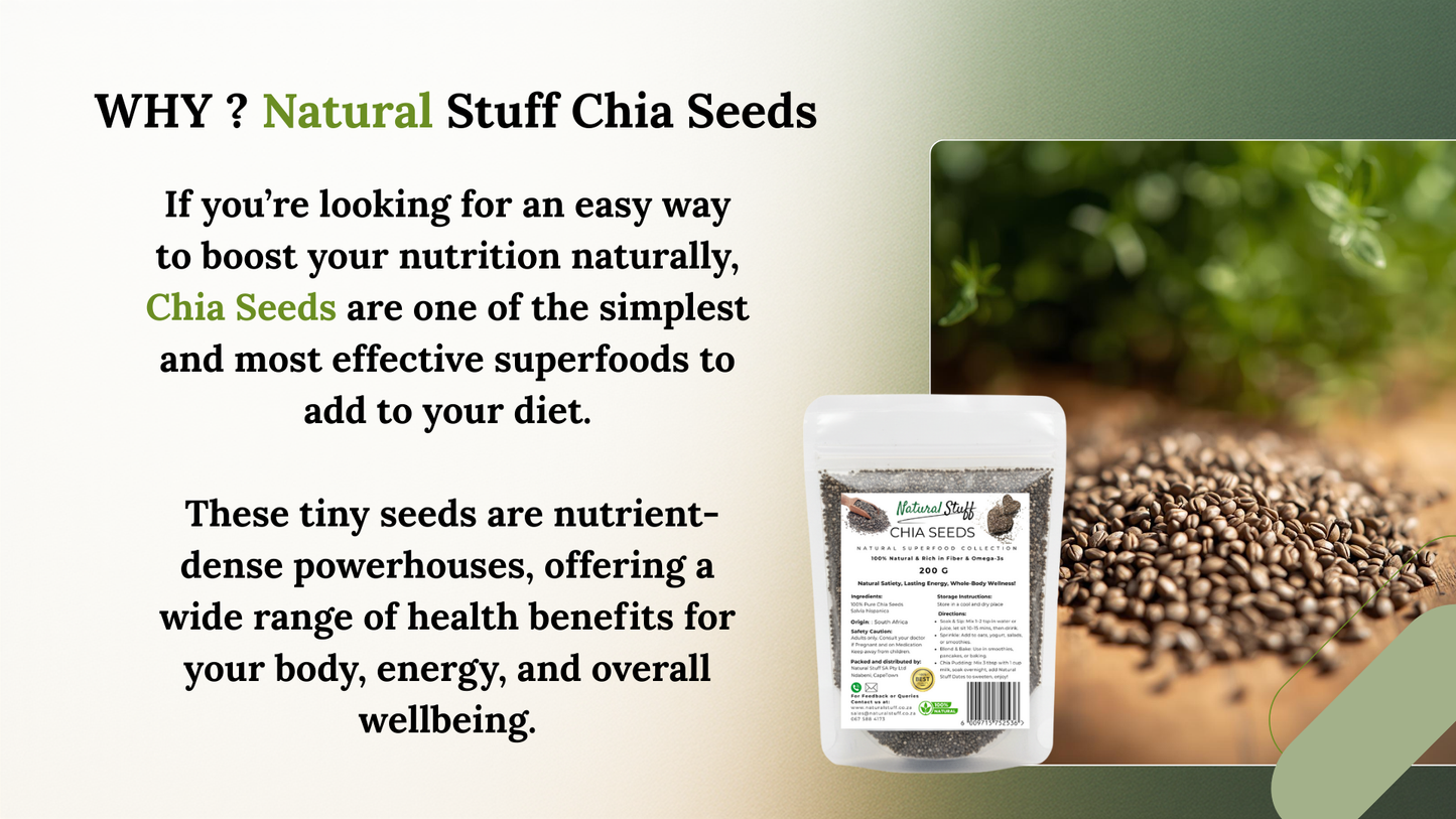 Advertisement for Natural Stuff Chia Seeds with text and product image.