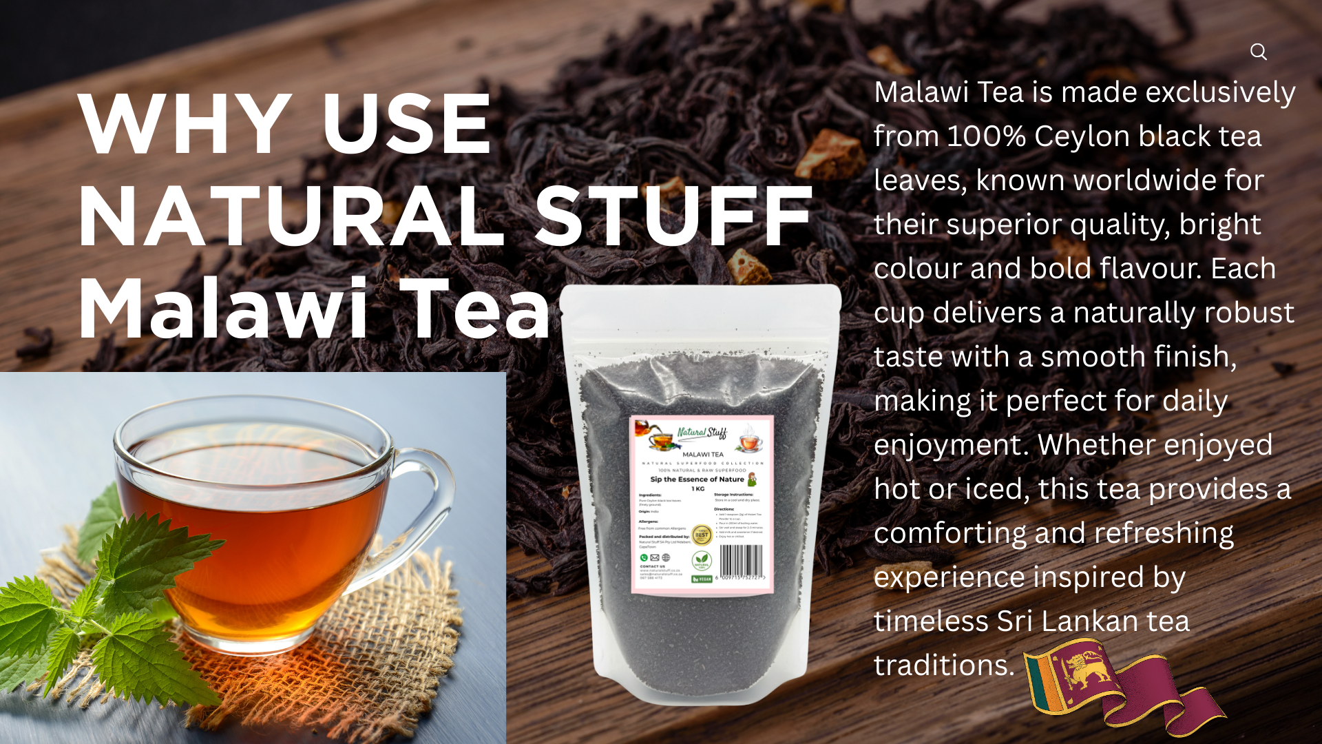 Malawi Tea packaging with tea leaves, a cup of tea, and a tea bag on a wooden surface.
