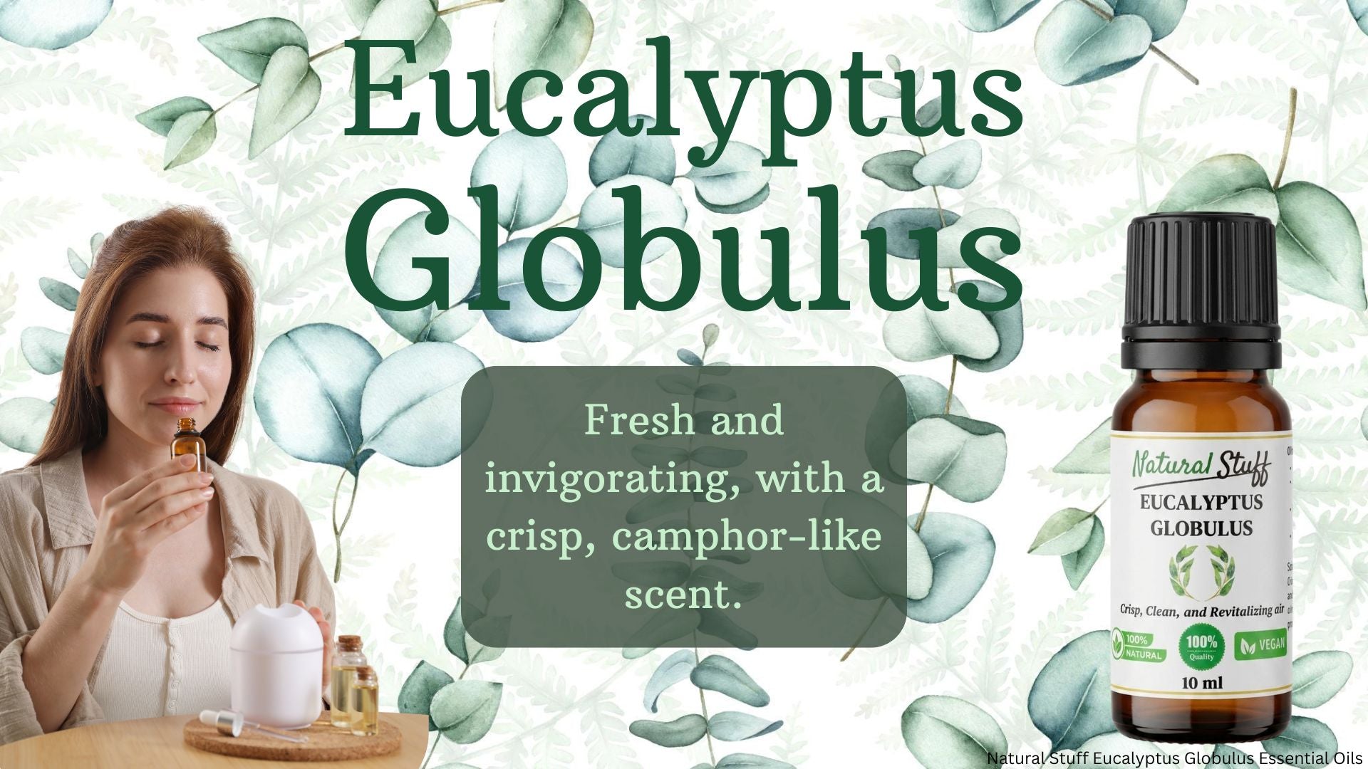 Woman smelling a candle with eucalyptus leaves and a bottle of eucalyptus oil on a light green background.