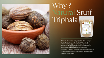 Triphala with a bowl and a container on a wooden surface, with text explaining its benefits.