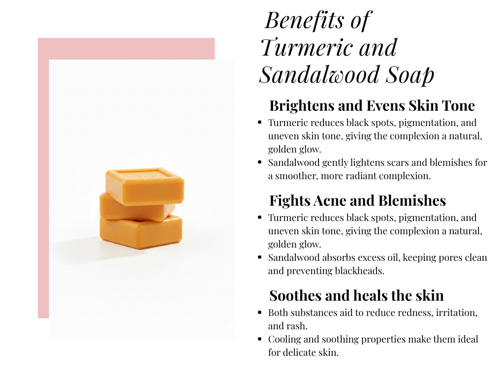 Turmeric and sandalwood soap with text on benefits on a white background