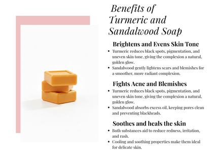Turmeric and sandalwood soap with text on benefits on a white background