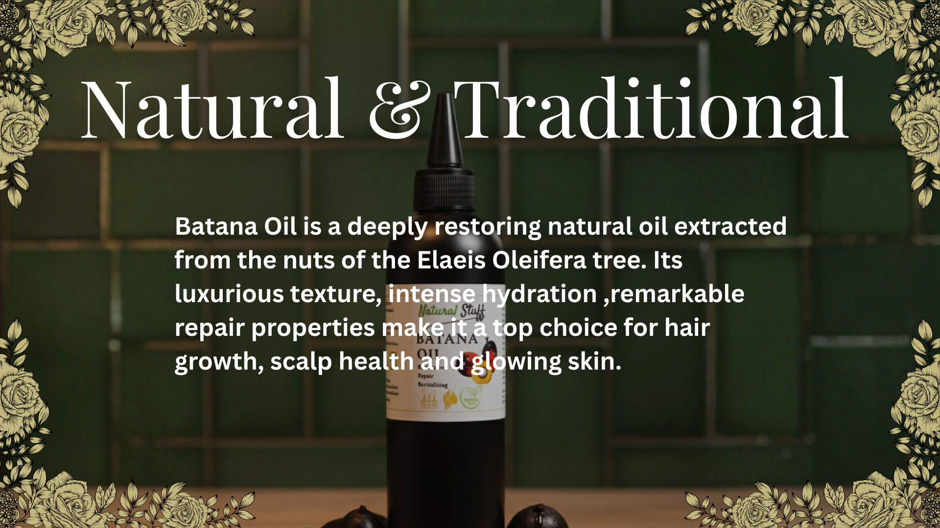 Bottle of Batana Oil with text about its natural and traditional properties on a decorative background.