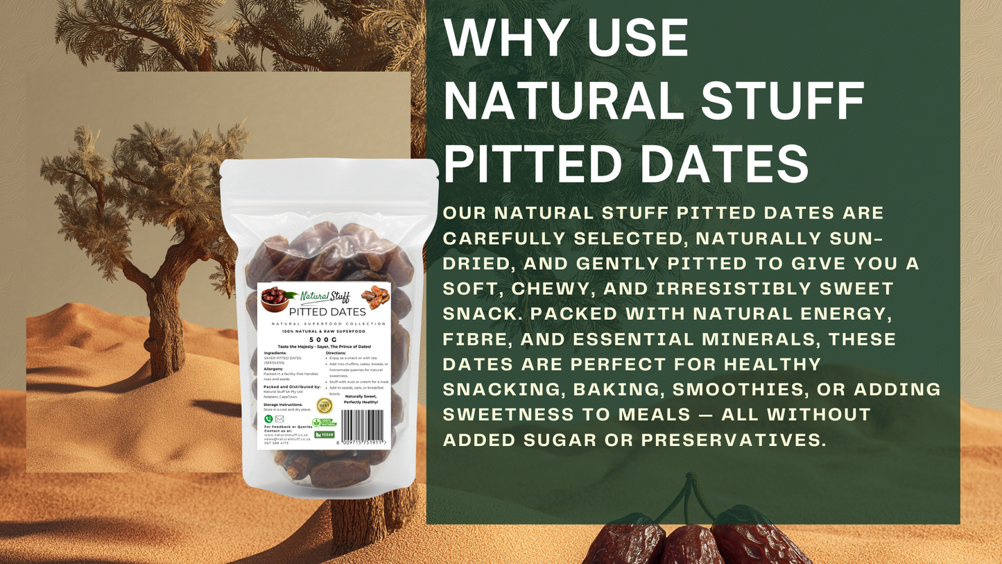 Pouch of natural pitted dates with desert landscape and text about product benefits.