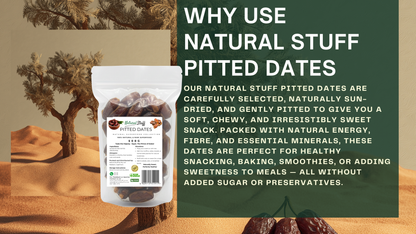Pouch of natural pitted dates with desert landscape and text about product benefits.