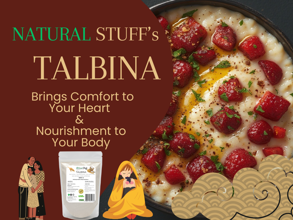 Promotional image for 'Natural Stuff's Talbina' with a dish of food and product packaging.