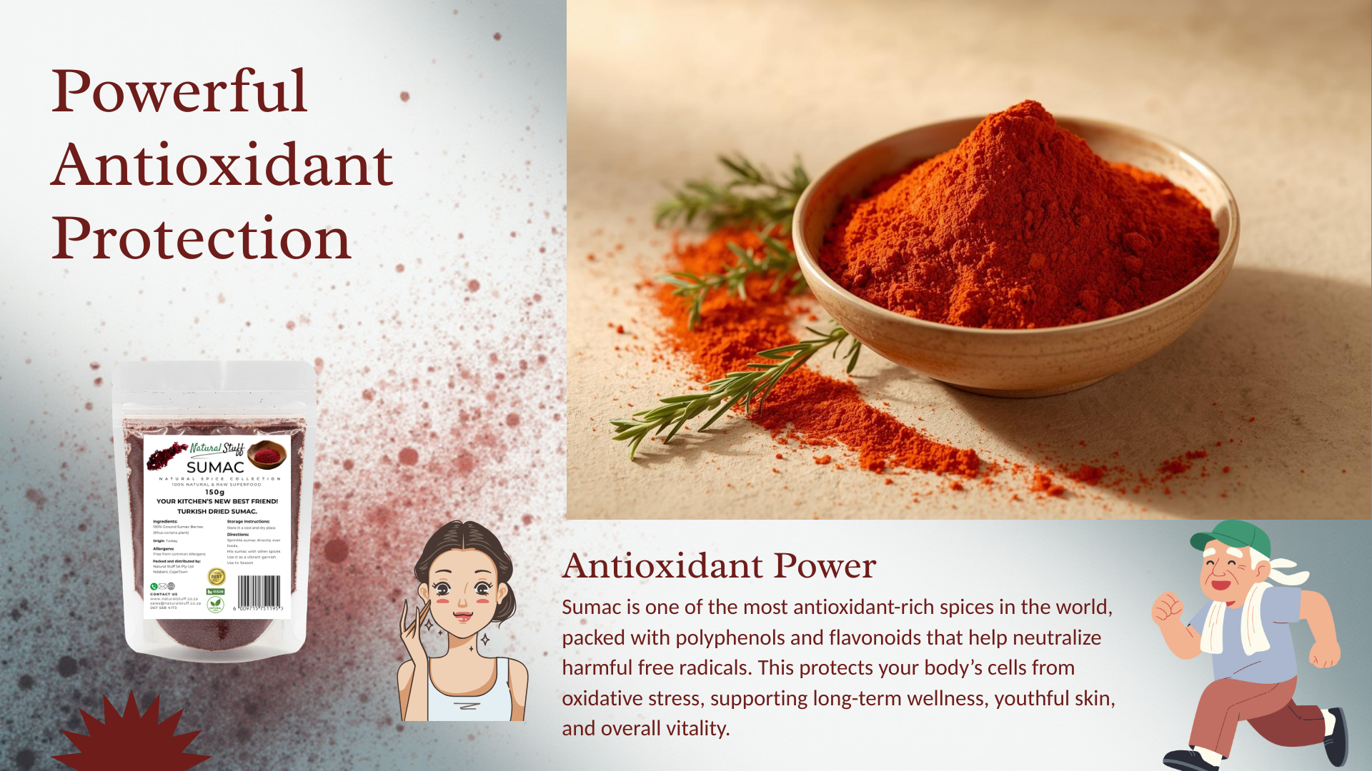 Sumac powder in a bowl with text about antioxidant protection and health benefits.