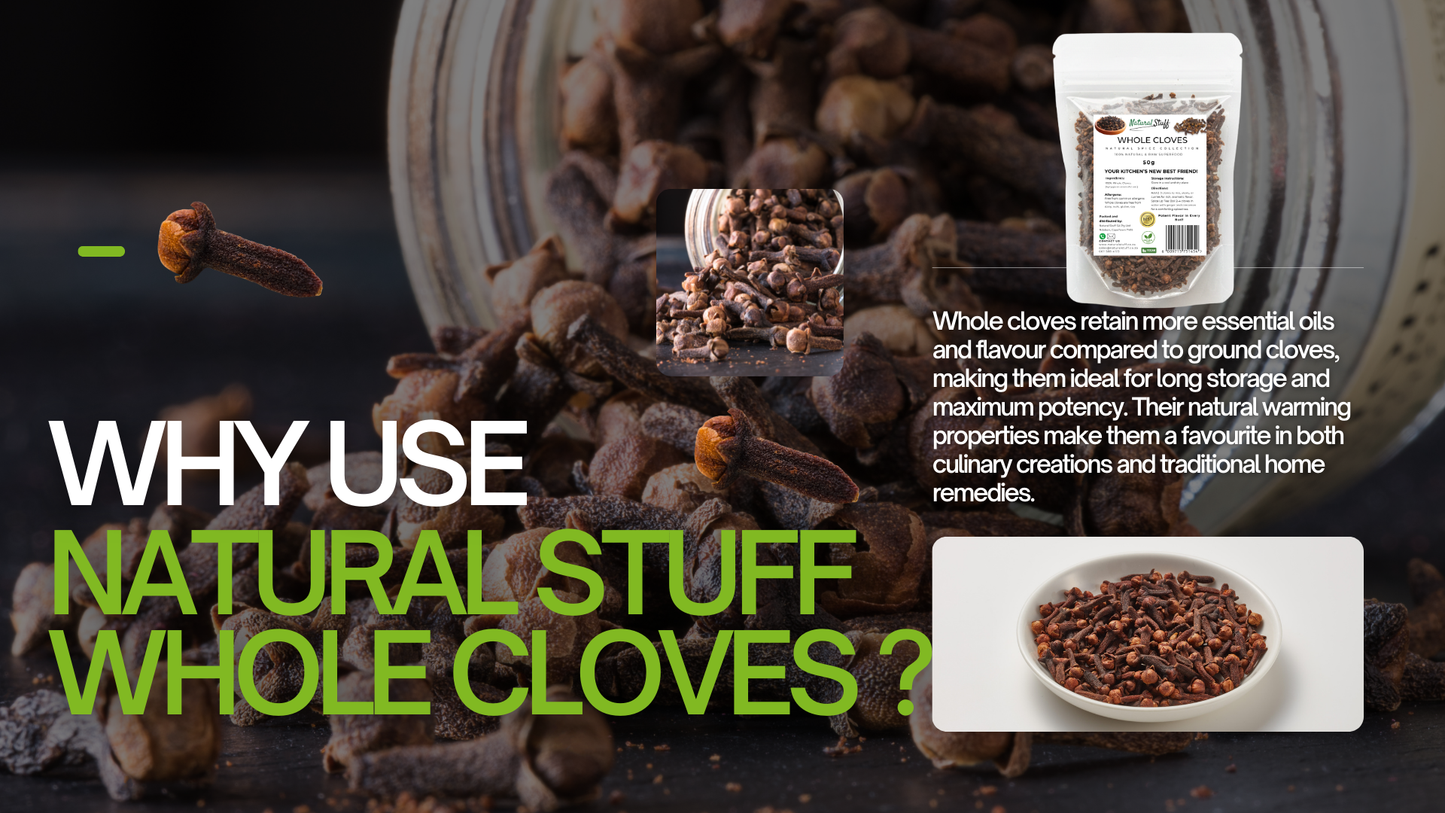 Promotional graphic about using whole cloves with text and images of cloves and a jar.