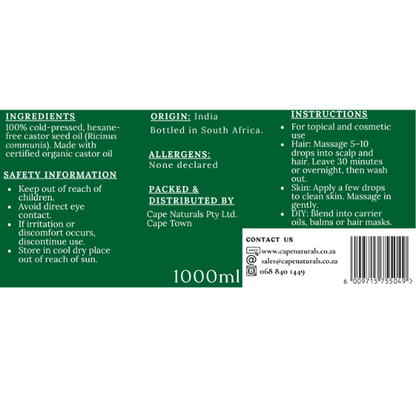 Cape Naturals Organic Castor Oil 1L – Pure, Cold-Pressed & Hexane-Free