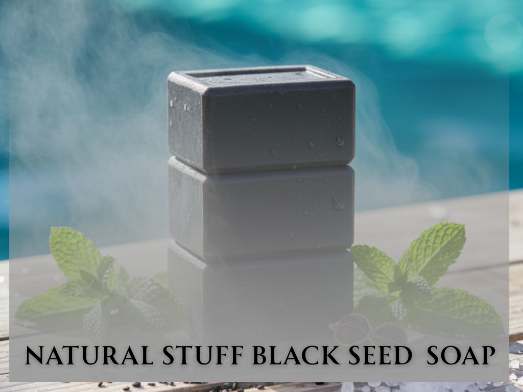 Black seed soap bar with mint leaves on a reflective surface, blurred blue background