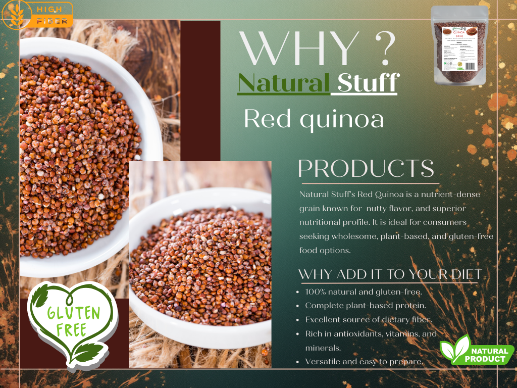 Advertisement for Natural Stuff Red Quinoa with text and images of quinoa in bowls.