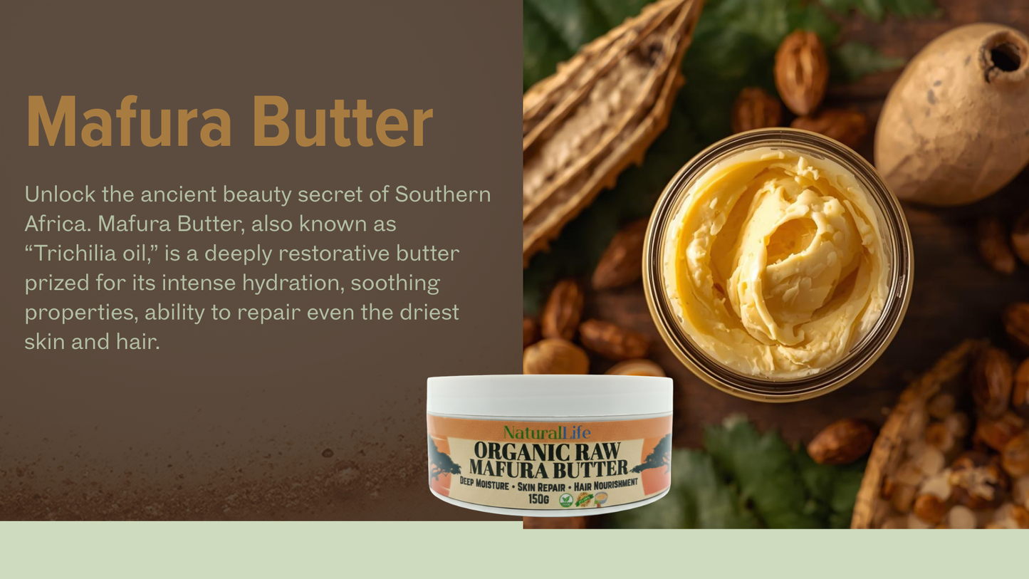 Mafura Butter packaging with ingredients and text on a brown background