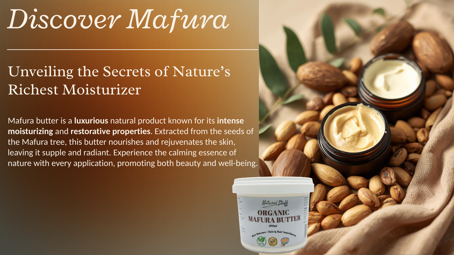 Mafura butter with almonds and text about its moisturizing properties
