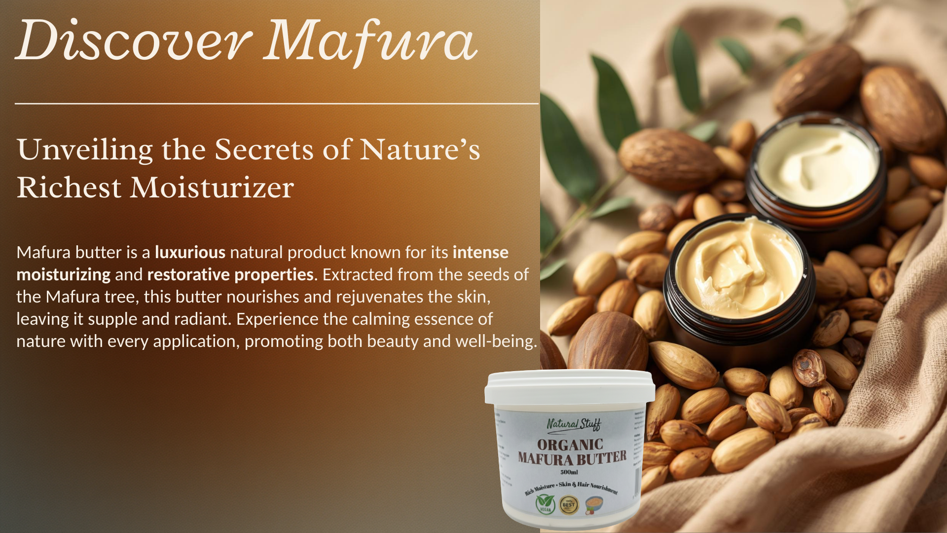 Mafura butter with almonds and text about its moisturizing properties