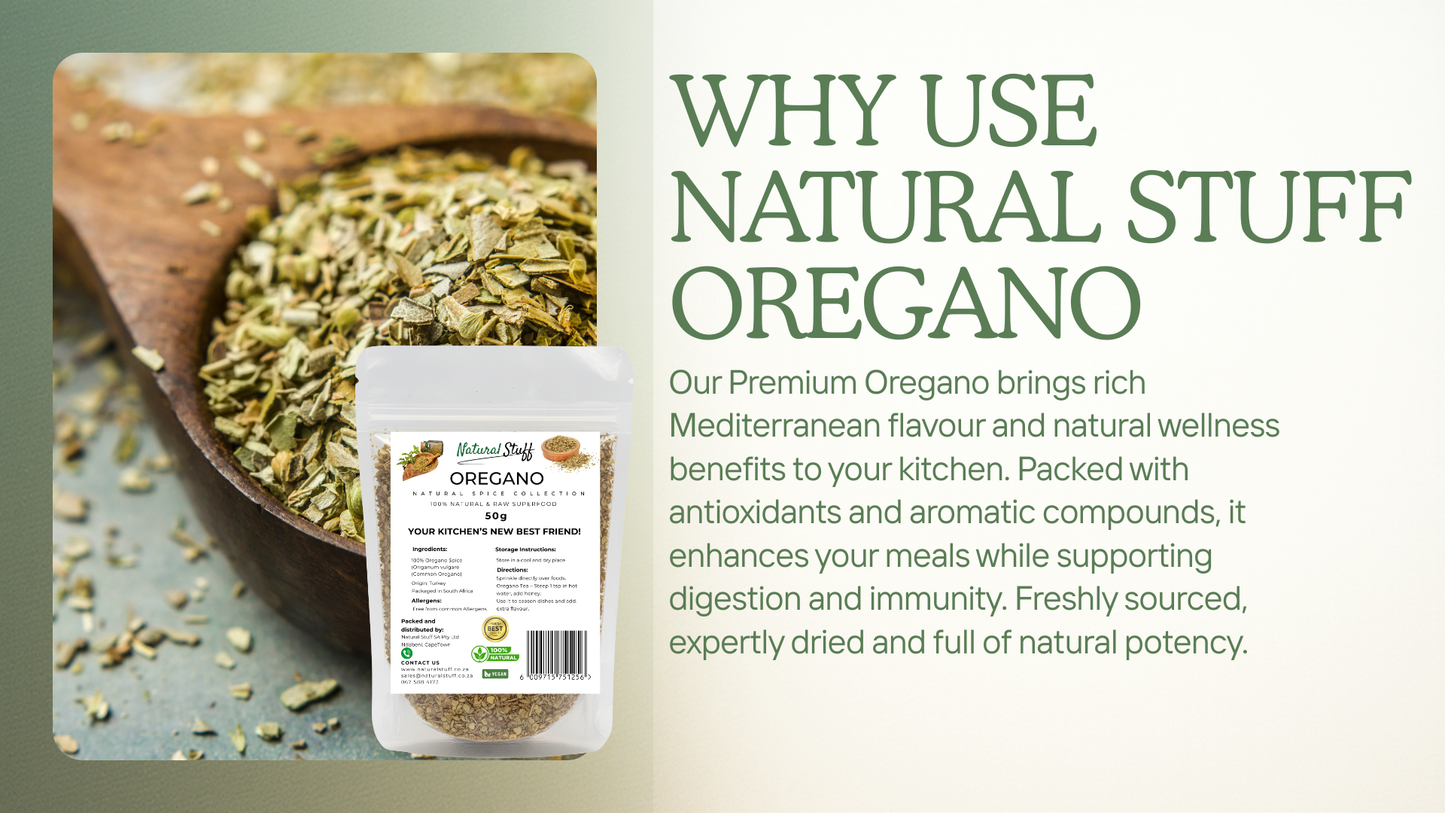 Oregano packaging with text about its benefits and uses