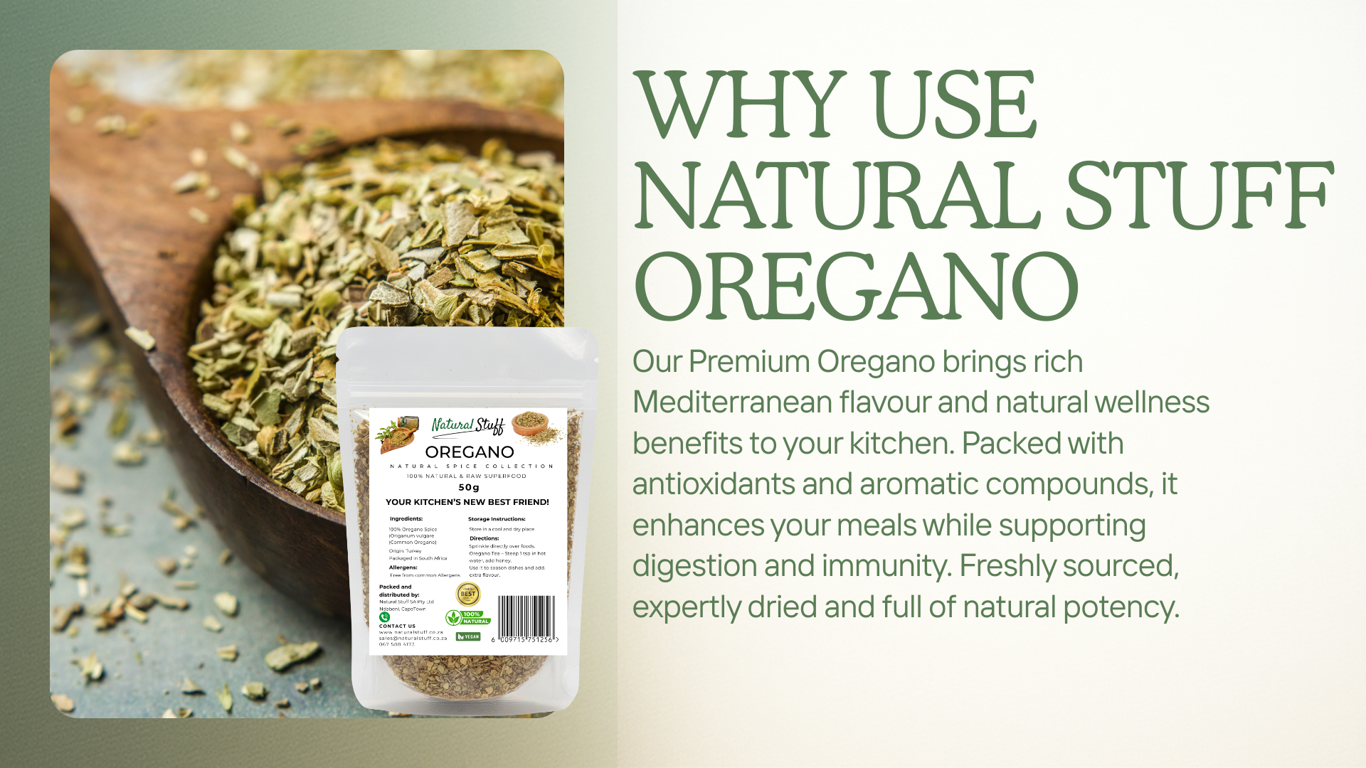 Oregano packaging with text about its benefits and uses
