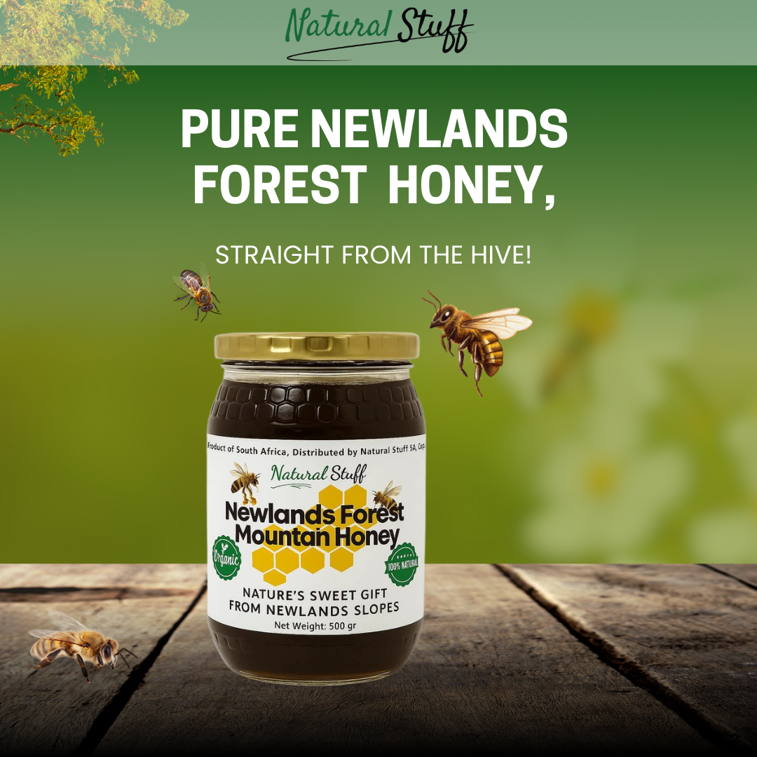 Jar of Newlands Forest Mountain Honey with bees on a wooden surface and green background