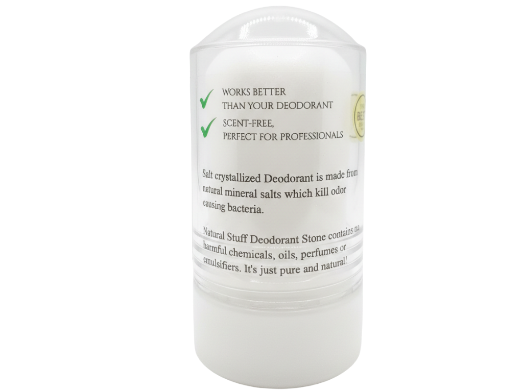 White deodorant container with text on a white background