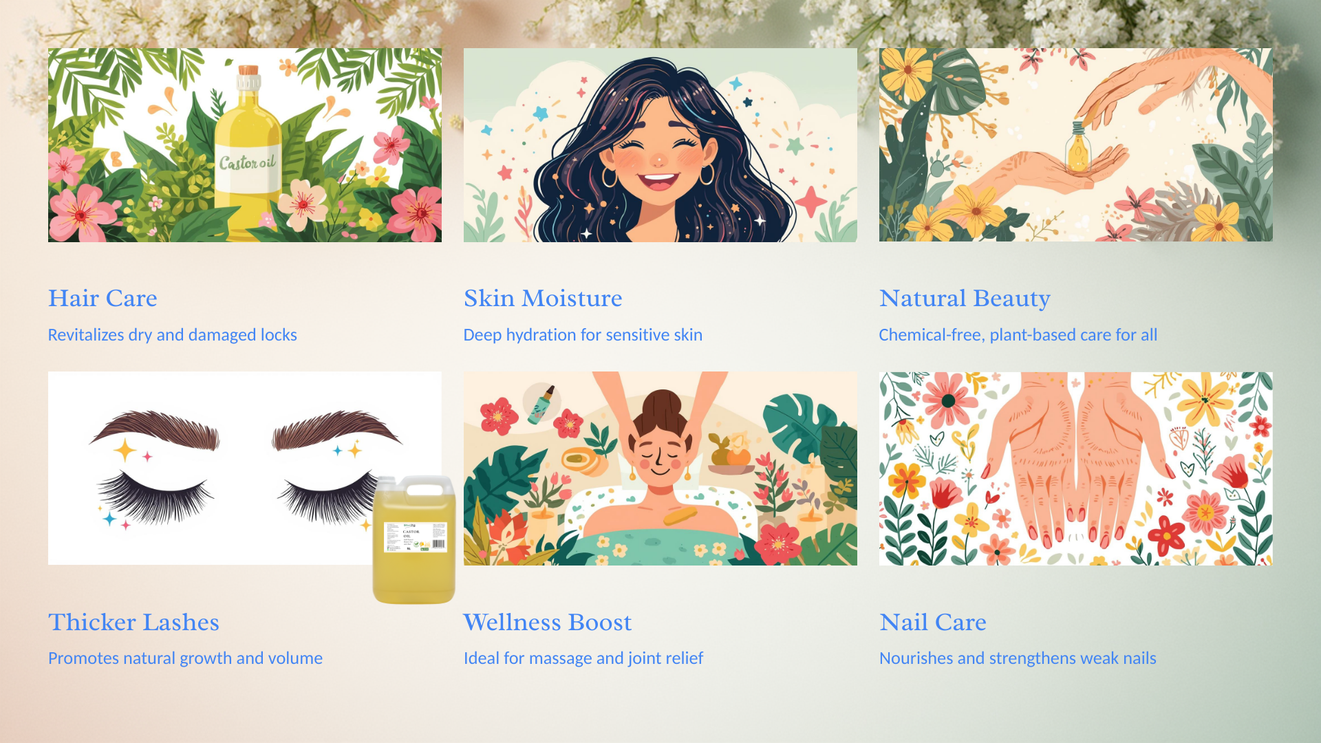 Illustrated product categories with images and text on a floral background