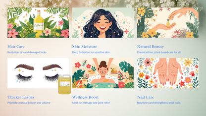 Illustrated product categories with images and text on a floral background