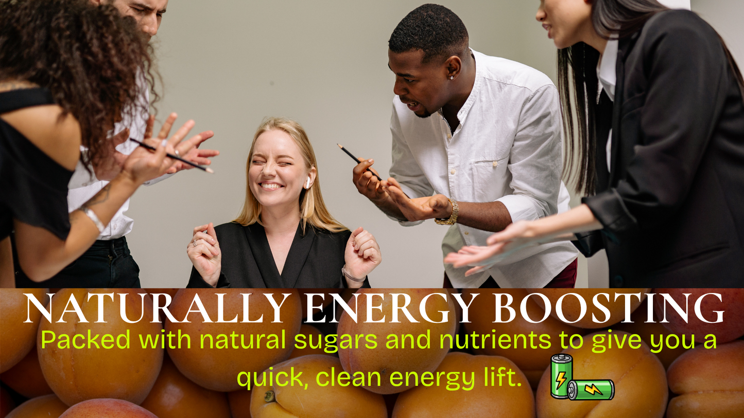 Group of people in a circle with text about naturally energy-boosting products.