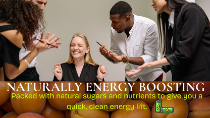 Group of people in a circle with text about naturally energy-boosting products.