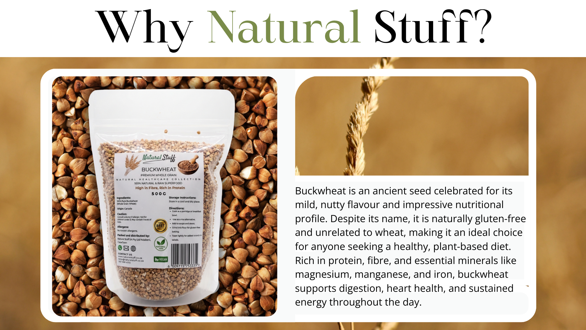 Buckwheat package with text about its health benefits on a wooden background