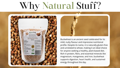 Buckwheat package with text about its health benefits on a wooden background