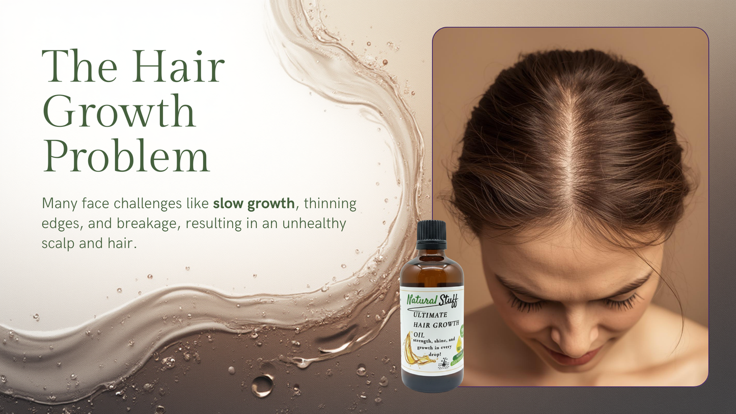 Hair growth product with a woman looking at her hair and text about hair challenges.