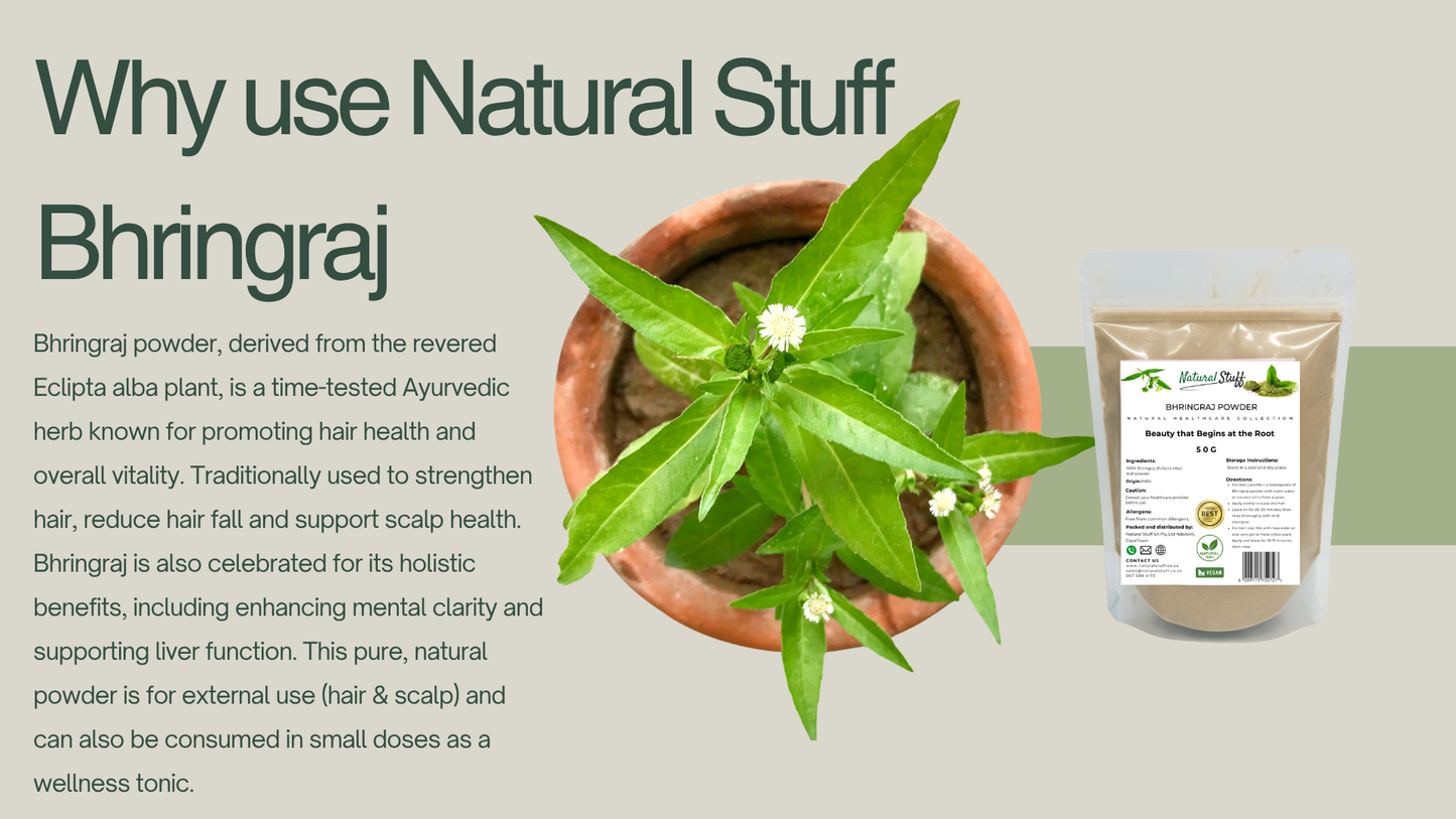 Bhringraj plant and powder packaging with text on a light background