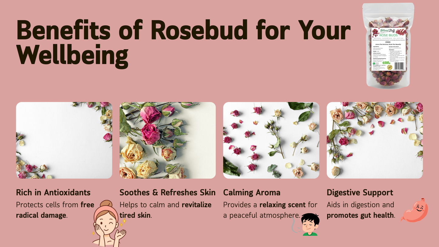 Benefits of Rosebud for Wellbeing with images and text on a pink background