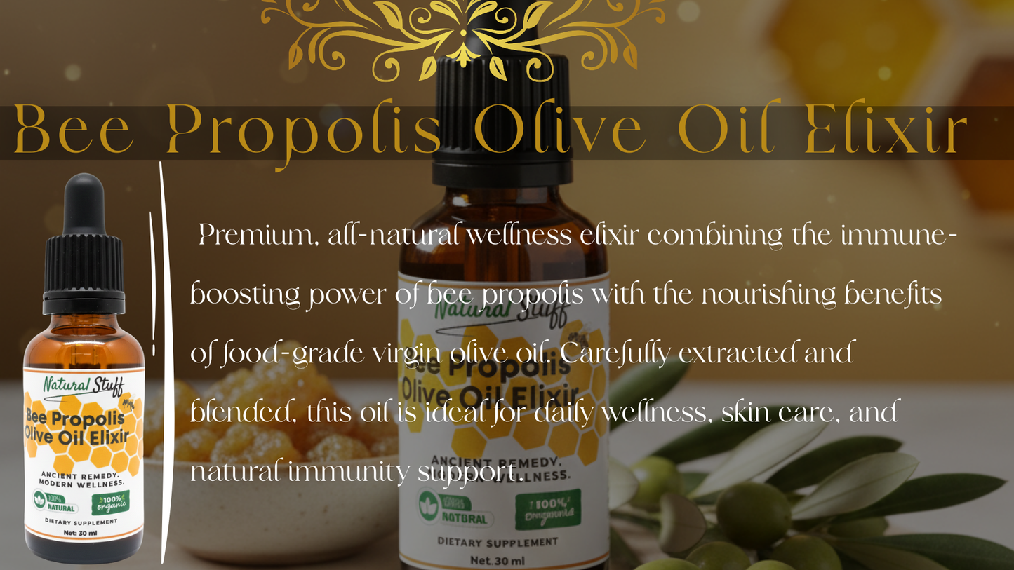 Bee Propolis Olive Oil Elixir bottles with olive leaves and text on a dark background