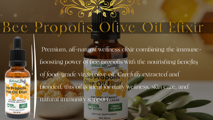 Bee Propolis Olive Oil Elixir bottles with olive leaves and text on a dark background