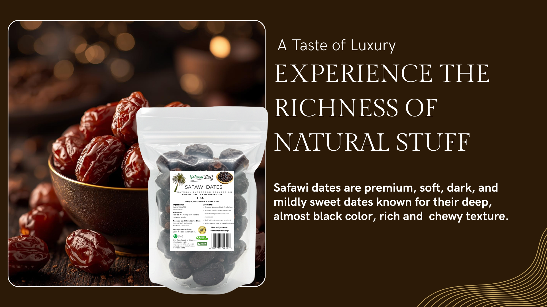 Safawi dates packaging with text on a dark background