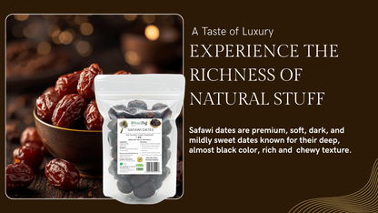 Safawi dates packaging with text on a dark background