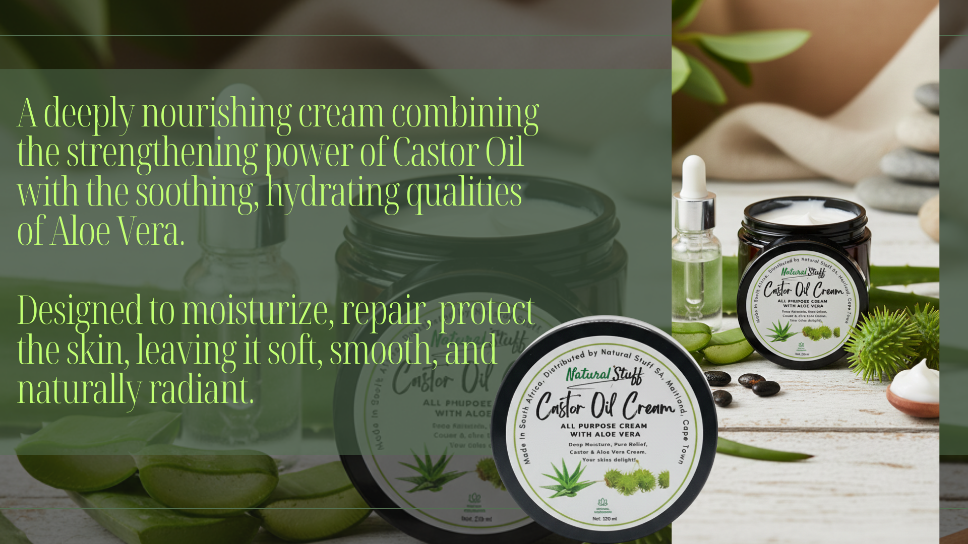 Cosmetic product with text about Castor Oil and Aloe Vera benefits on a green background.