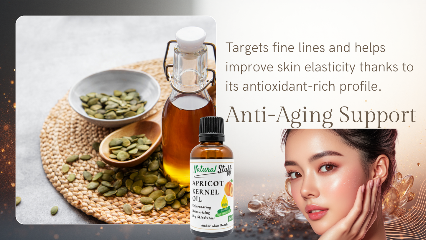 Bottle of Natural Stuff Apricot Kernel Oil with pumpkin seeds and a woman applying oil to her face, promoting anti-aging support.