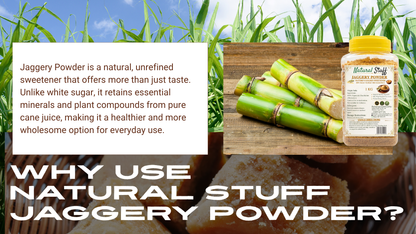 Jaggery powder packaging with jaggery sticks and text about its benefits on a natural background.