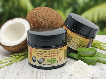 Two jars of skin brightening cream with coconuts and aloe vera on a wooden surface.