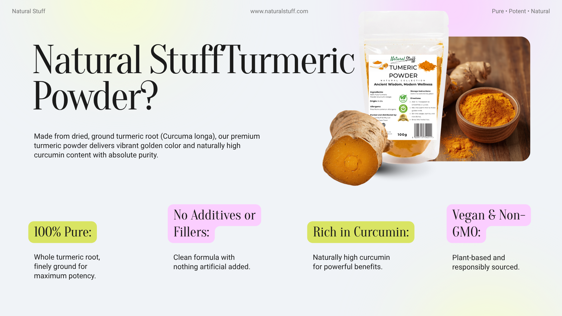 Advertisement for Natural Stuff Turmeric Powder with packaging and turmeric root on a wooden board.
